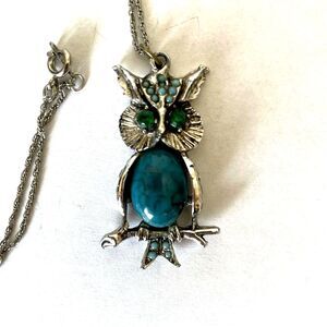 Gorham Vintage Rhinestone Silver Owl Pendant Necklace